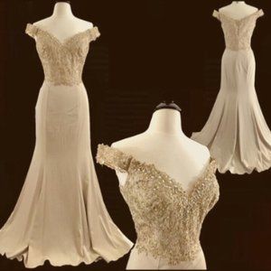 Mon Cheri Gold Lace Off-Shoulder Mermaid Gown